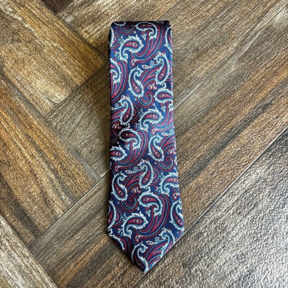 Christian Dior Men's 100% Silk Blue Red Paisley Print Tie Necktie - Picture 2 of 6